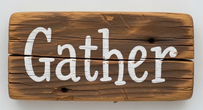 Rustic wooden "gather" sign with white script on weathered wood background