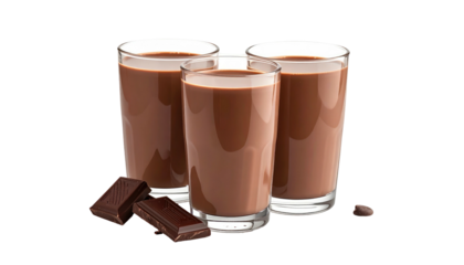 Three glasses of chocolate milk with chocolate pieces on a black background, offering a simple, rich aesthetic