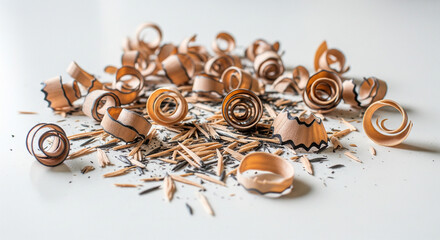 Pile of spiral wood pencil shavings and graphite on white background.
A horizontal, close-up photograph of a messy pile of natural wood pencil shavings and loose graphite remnants scattered on a clean