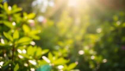 Fototapeta premium Green tree branches in a blurred foreground. Sunlight glares through the leaves.