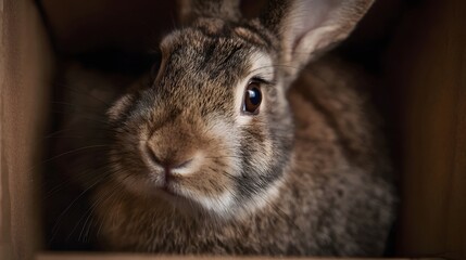 Fototapeta premium Close up portrait of a brown rabbit peeking out from a dark cardboard box
