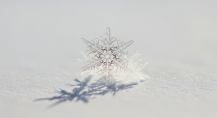 Delicate snowflake crystal with intricate details resting upon a white snow surface