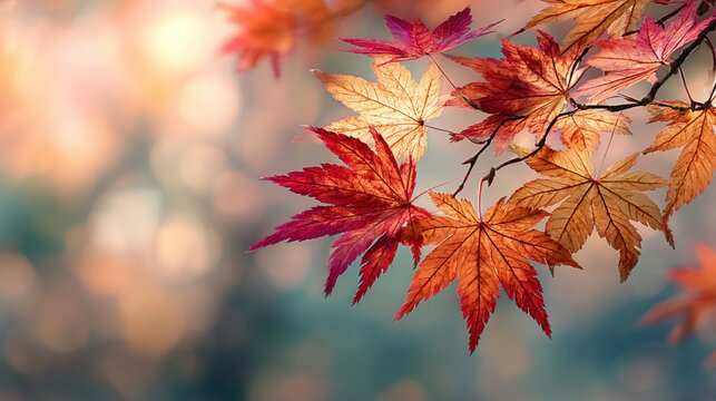 Celebrate autumn: vibrant leaves and tranquil scenes. Authentic moment. Rich maple leaf display with illuminated bokeh delight. True story. Genuine view.