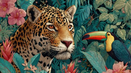 Obraz premium Vibrant jungle scene featuring a jaguar and a toucan surrounded by lush vegetation and colorful flowers