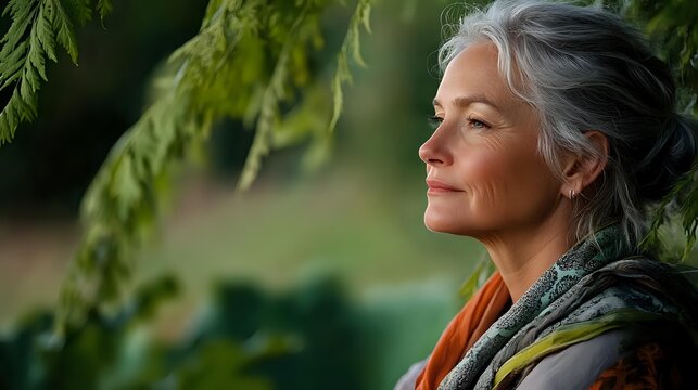 Mature woman with gray hair enjoying peaceful moment in nature, surrounded by green foliage, expressing serenity and mindfulness.