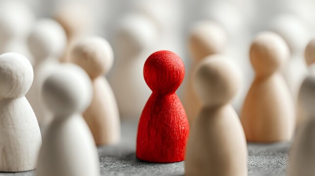 Red wooden figure standing out among crowd of neutral wooden pawns, symbolizing leadership, uniqueness, and individuality in business or social context. - Powered by Adobe