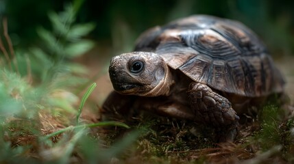 Fototapeta premium A detailed close up of a tortoise resting on mossy ground surrounded by greenery