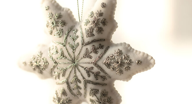 Festive white Christmas ornament: a handcrafted, silver embroidered snowflake star.