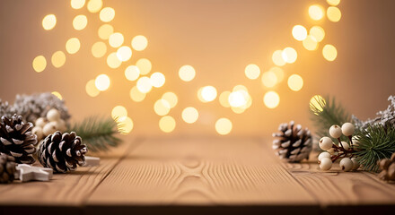 Festive christmas scene with pine cones and sparkling lights on wooden surface