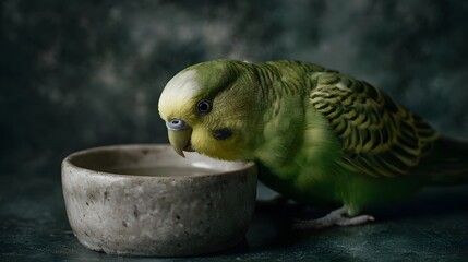 Green parakeet drinking water from a rustic ceramic bowl