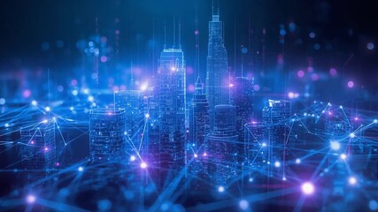 Abstract digital cityscape with glowing blue and purple lights and interconnected network lines technology - Powered by Adobe