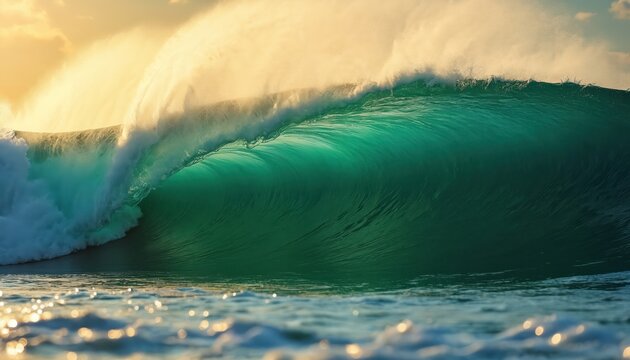 Giant ocean wave curls with green translucent water and white foam spray. Majestic sea breaker crashes against the shore under golden sky. Powerful marine energy in motion.