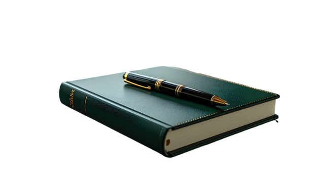 A hardcover green book lies beneath a pen on dark background, evoking quiet contemplation and the promise of stories