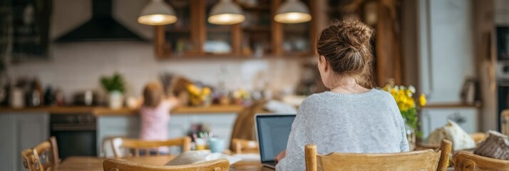Woman working remotely at home in a stylish kitchen and dining area, showcasing a cozy home office environment with vibrant decor