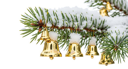 Festive golden bells on snowy pine branch against white background