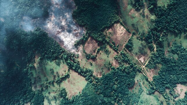 Aerial satellite view of a rainforest showing areas of deforestation and active wildfire with smoke