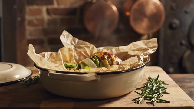 veg drumsticks - A rustic kitchen scene showcases a beautifully roasted chicken displayed in a white pot lined with parchment paper, topped with fresh green herbs and leeks