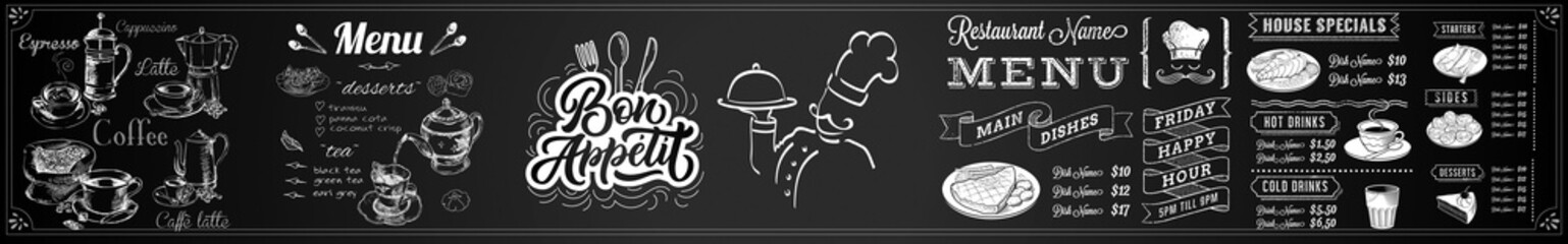 Chalkboard café menu with hand drawn coffee and dessert elements © MonTeArt