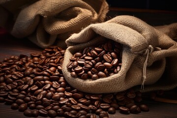 Roasted coffee beans are spilling from a burlap sack onto a wooden table, creating a warm and inviting scene