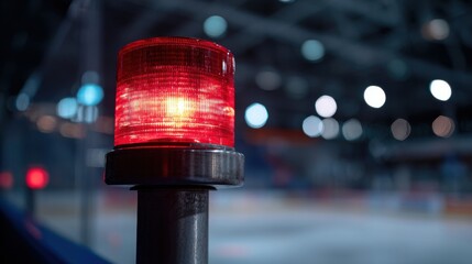 Elegant photo of red warning light flashing on a pole in a dark setting.