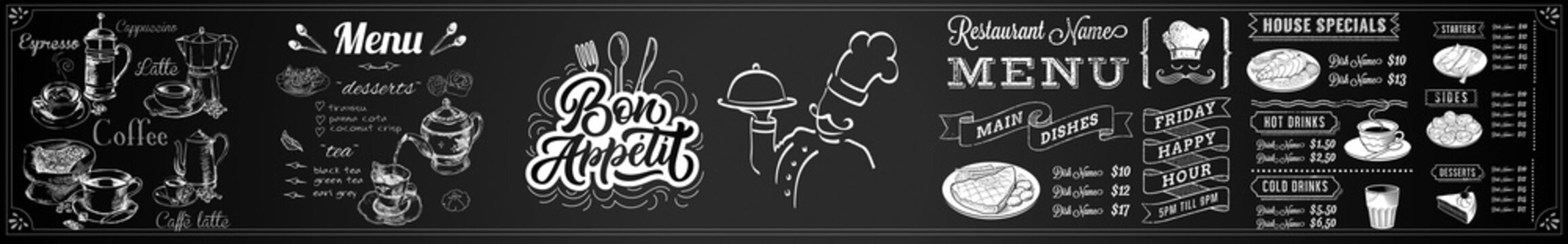 Chalkboard caf&eacute; menu with hand drawn coffee and dessert elements