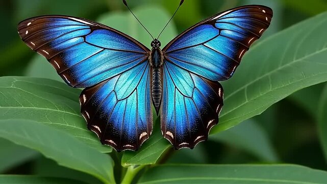 The exquisite beauty of the Morpho butterfly fluttering on lush leaves in nature