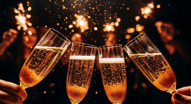 Champagne Toast Celebration with Sparklers at Night Party