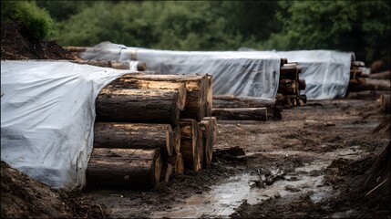 Fototapeta premium Stacks of weathered timber logs covered with white tarps lie on a muddy ground in a forest clearing
