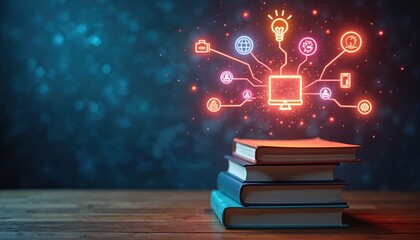 Books on table show digital connection. Glowing icons symbolize ideas, learning, and communication. Technology transforms knowledge sharing and education, fostering global interaction and growth.