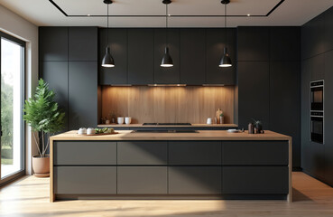 Modern dark kitchen features island counter and wood accents. Large window shows green plants. Sleek cabinets, appliances, pendant lights create ambiance. Clean, empty space.