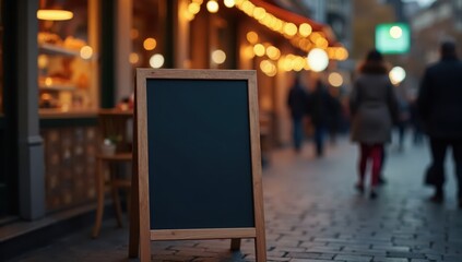 Empty wooden chalkboard on a bustling city street, ideal for restaurant menus, event announcements, or promotional signage.