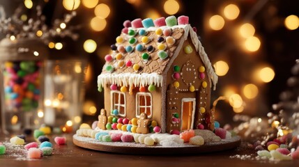 A colorful gingerbread house decorated with candies, showcasing a festive theme against a blurred background of warm lights, evoking holiday cheer.