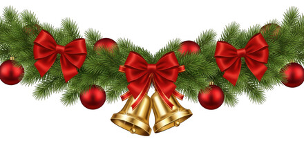Christmas garland with red bows golden bells and ornaments