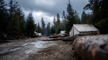 A remote forest camp with canvas tents logs and equipment under a dramatic overcast sky