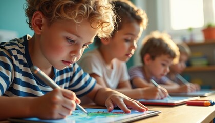 Fototapeta premium Children use tablets, styluses to create digital art in classroom. Young artists learn, draw on screens, developing skills. Generation Alpha explores creativity, imagination through tech tools.
