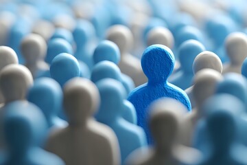 Obraz premium Blue figure standing out among crowd of white figures, representing individuality, leadership, and uniqueness in business or social context.