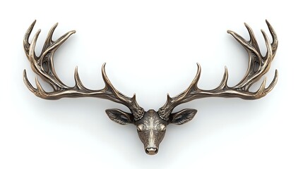 Majestic deer head with large detailed antlers on white background, metallic bronze finish sculpture wall mount decoration for modern interior design.