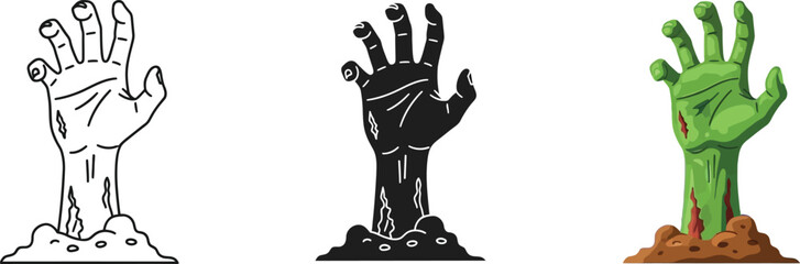 Scary zombie hand icon set graphic element emerging from the grave or ground, undead monster arm isolated on white background for horror and halloween design concepts.