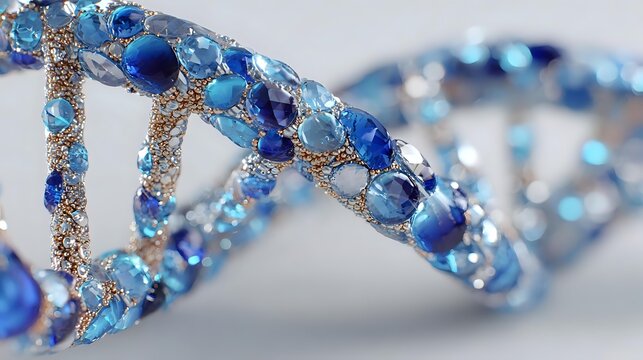 Sparkling blue crystal DNA helix model on light background, representing genetic science and molecular biology research.
