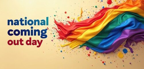 National Coming Out Day text beside flowing rainbow flag and colourful splashes. Celebrate pride identity and community with vibrant LGBTQ symbols and abstract art.