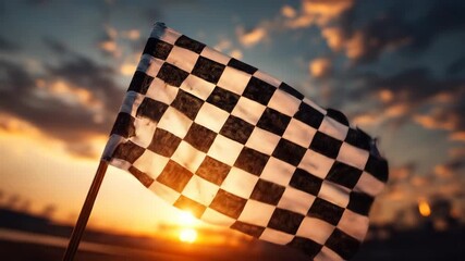 Flag with a black-and-white checker pattern waves as a sunset glows clouds lit in orange silhouettes - Powered by Adobe