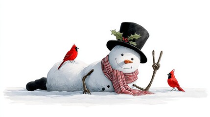 Snowman with a red scarf and hat is laying on the ground next to two red birds. The snowman appears to be in a peaceful and relaxed state, as if it is enjoying the company of the birds