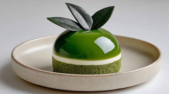Green dessert with a leaf on top sits on a white plate. The dessert is likely a type of cake or pastry, as it has a dome shape and a green filling. The leaf on top adds a touch of freshness