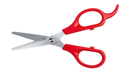 Open scissors with red plastic handles over a solid black background, sharp stainless steel blades angled