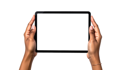 Dark-skinned hands hold a blank-screened tablet against a stark black background, displaying a minimalistic technology shot