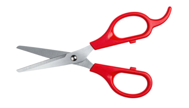 Open scissors with red plastic handles over a solid black background, sharp stainless steel blades angled