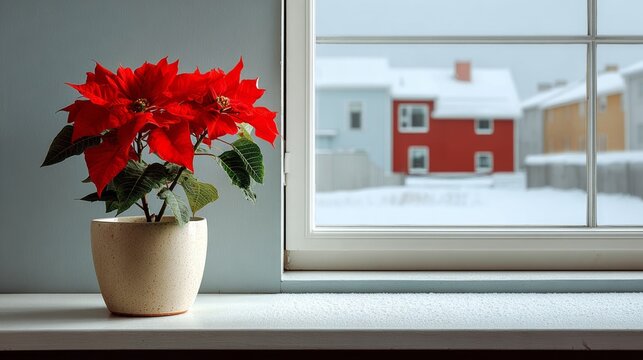 Red poinsettia plant sits in a white pot on a windowsill. The window is frosted, and the house behind the plant is red. Scene is cozy and warm, with the red house