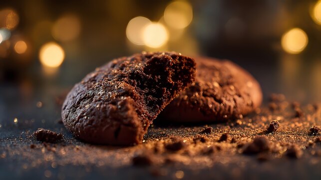 Rich chocolate cookies with crumbly texture on dark surface against warm bokeh background, showcasing homemade dessert detail.