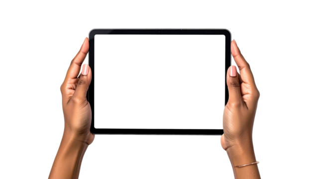 Dark-skinned hands hold a blank-screened tablet against a stark black background, displaying a minimalistic technology shot - Powered by Adobe