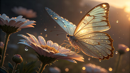 Golden Hour Butterfly on Dewy Daisy Bloom